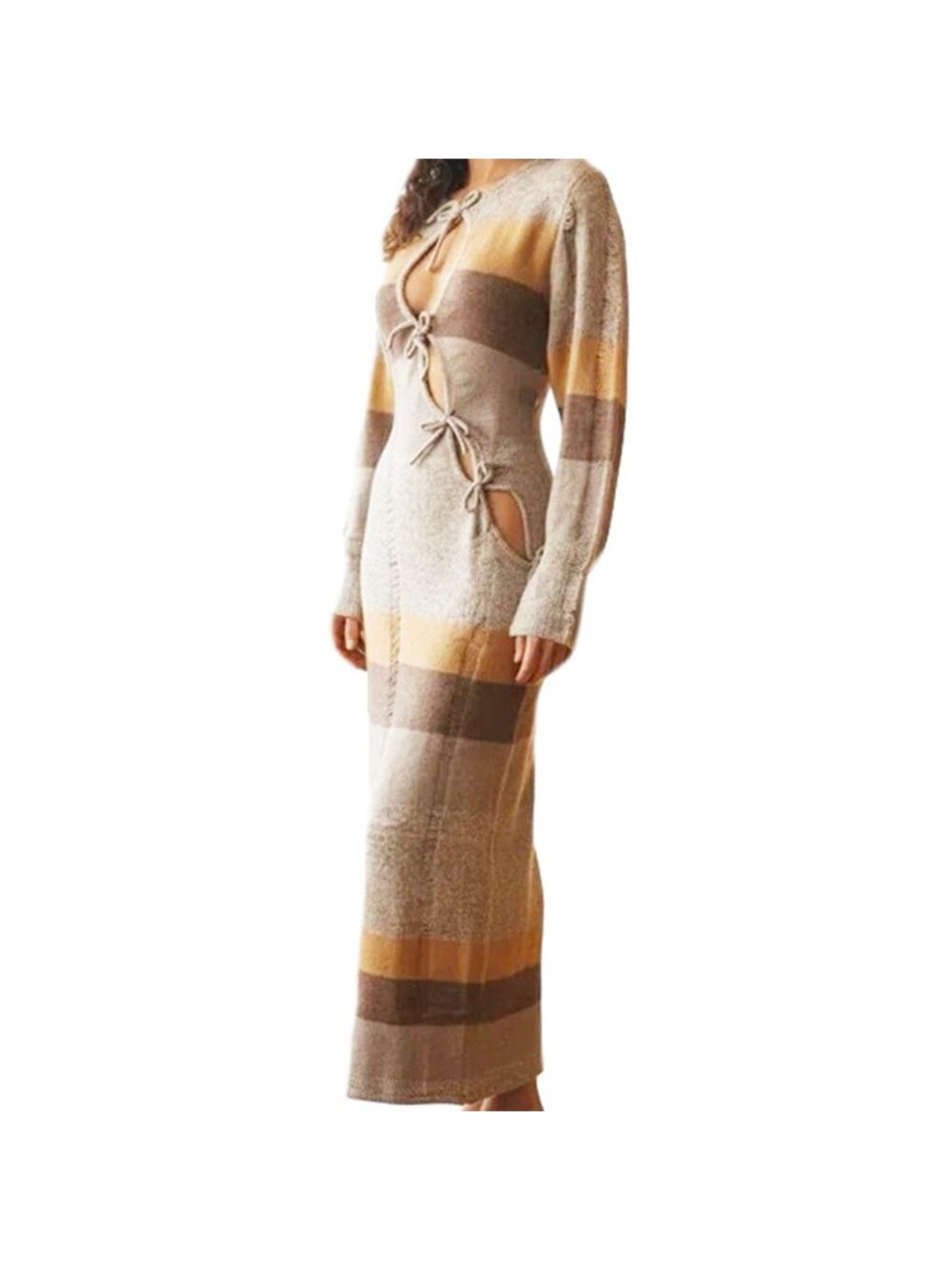 PrettyLittleThing XS Mocha Tie Front Distressed Knit Bardot Maxi Dress